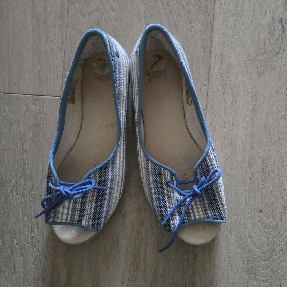 UGG Blue and White Striped Peep-Toe Flats
